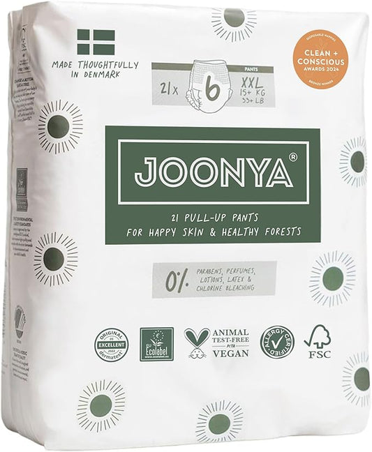 Joonya Pull-Up Pants Baby Diapers, Size 6 XXL (33+ lb) - 1 Bag of 21 - NonToxic, Eco-Friendly, Ultra Slim, Overnight Use - Made in Denmark