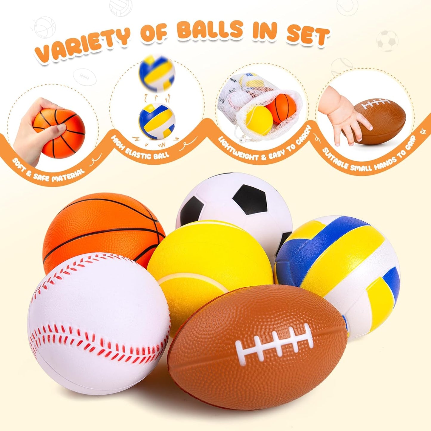 Balls for Toddlers Babies, Soft Baby Toys, 6 Pack 3.5" Foam Balls Kids Sports Set, Small Soccer Basketball Baseball Football Volleyball Tennis, Indoor Outdoor Toys Games Gifts for Boys Girls