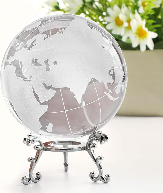 80mm Crystal Earth Globe Ball with Stand World Map Glass Sphere Desk Office Home Decor Glass World Globe Paperweight
