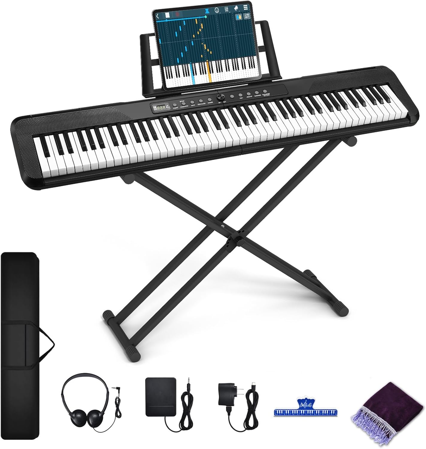 88 Key Digital Piano, Semi Weighted Electronic Keyboard Piano with Music Stand, Power Supply, Sustain Pedal, Stand, Bluetooth, MIDI, for Beginner Professional at Home, Stage