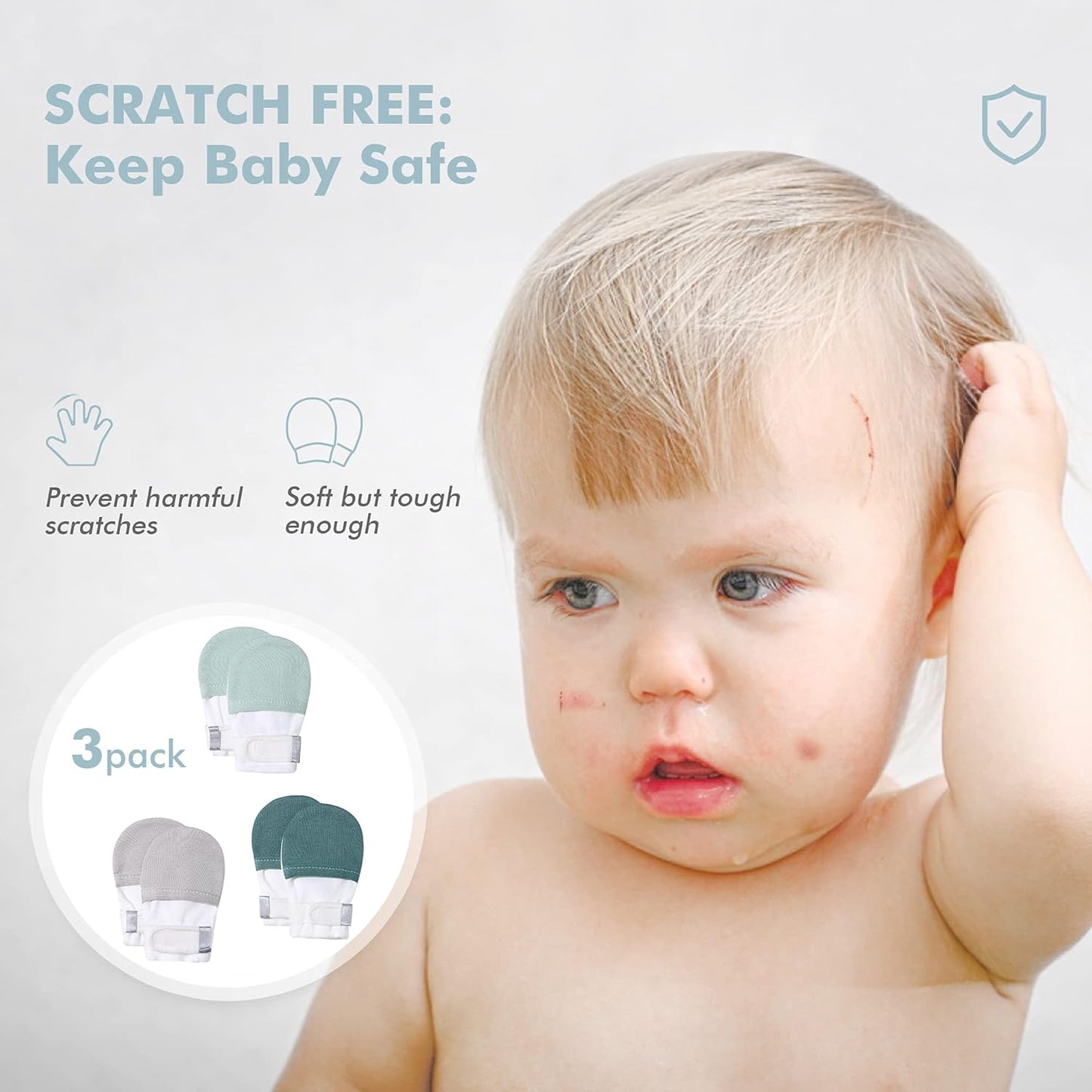 HAPIU Baby No Scratch Mittens Stay On, 100% Cotton Breathable, Adjustable Infant Gloves for Boys Girls, Newborn - 12 M