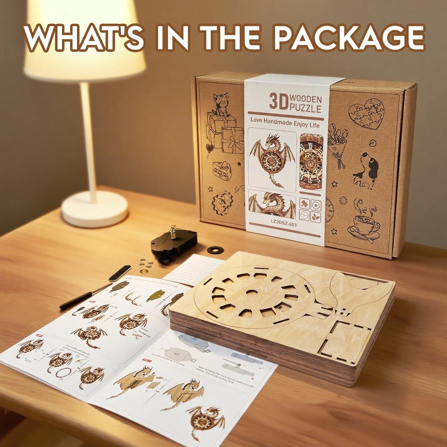 3D Puzzle for Adults Clock-Dragon Design Model Kit-Mechanical DIY Pendulum Clock with Roman Numerals-Desk Office Home Decor Personalized Gift for DIY Lovers