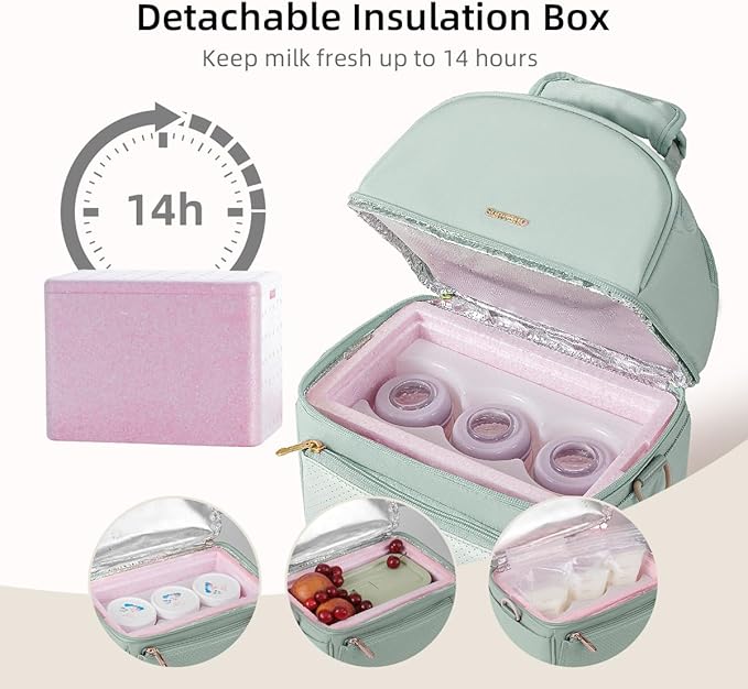 Sunveno Breastmilk Cooler Bag with 2 Ice Packs & Detachable EPP Insulation Box, 15-Hour Cold Retention Foil-Lined Leak-Proof Tote Fits 3 Baby Bottles for On-The-Go Pumping Moms, Daycare & Travel