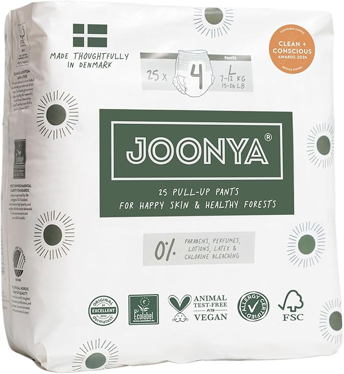 Joonya Pull-Up Pants Baby Diapers, Size 4 L (15-26 lb) - 1 Bag of 25 - NonToxic, Eco-Friendly, Ultra Slim, Overnight Use - Made in Denmark