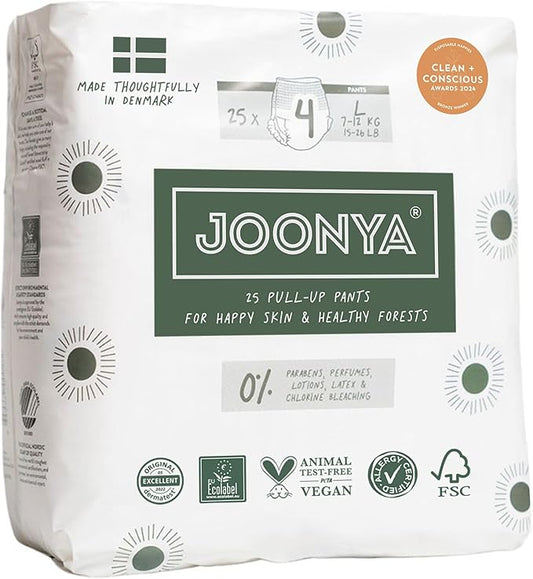Joonya Pull-Up Pants Baby Diapers, Size 4 L (15-26 lb) - 1 Bag of 25 - NonToxic, Eco-Friendly, Ultra Slim, Overnight Use - Made in Denmark