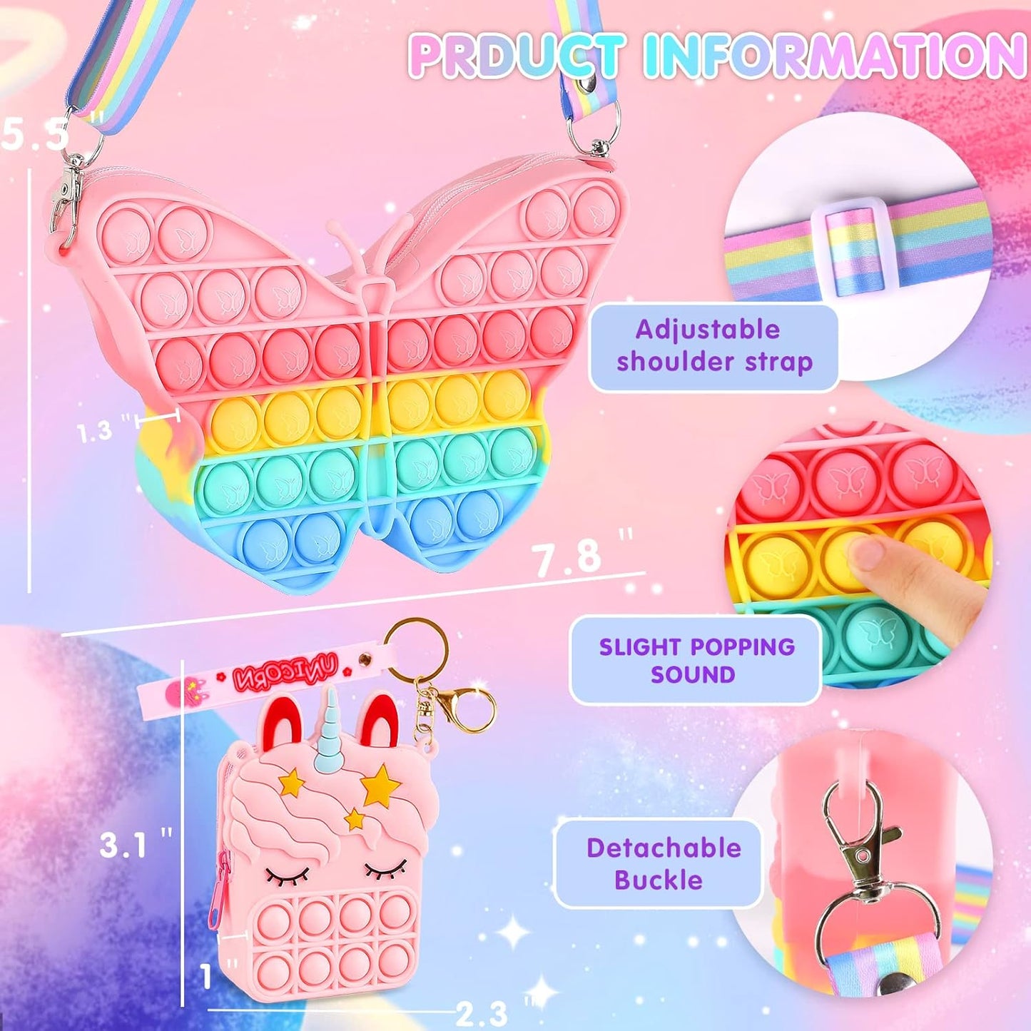 Aucma 2 Pack Purse for Girls Toys Wallet Pink Unicorn Butterfly Crossbody Handbag Messenger Cute Bag Kid Birthday Valentines Gift