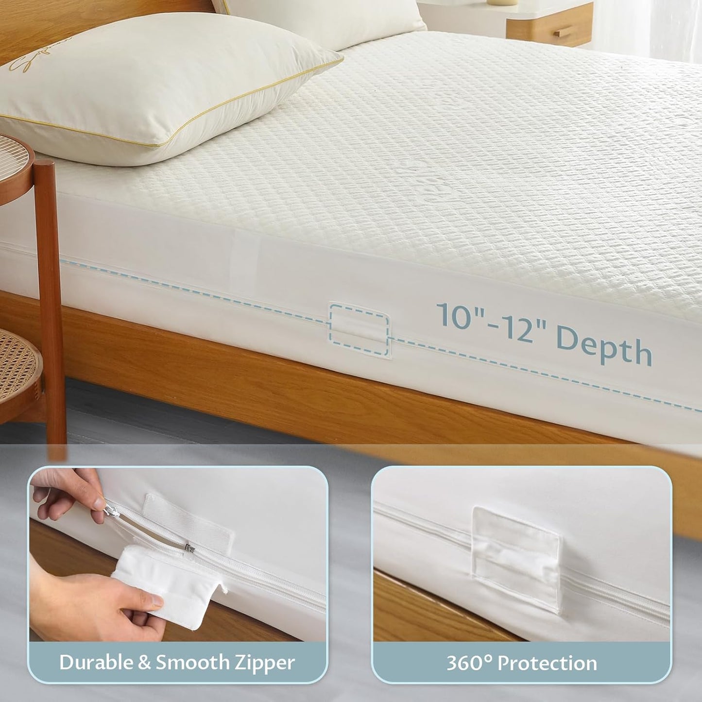 King Size Mattress Protector with Zipper - 100% Waterproof Zippered Mattress Cover - Soft & Cooling Noiseless Bed Mattress Covers - Top Removable Mattress Encasement 10-12" Deep