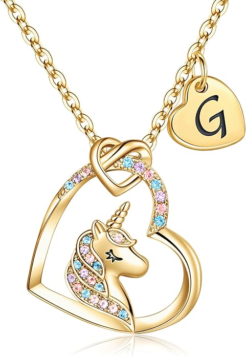 Hidepoo Unicorn Necklace Gifts for Girls - Colorful CZ Heart Pendant Initial Unicorns Necklaces for Teens Little Girls Jewelry Birthday Gift for Girl Daughter Granddaughter Niece