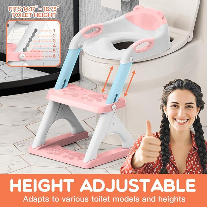 SKYROKU Potty Training Seat for Toddlers – 2-in-1 Adjustable Potty Ladder with Step Stool, Anti-Slip Cushion, Splash Guard & Extra-Wide Pedals, Supports 200+ lbs, Ideal for Boys & Girls (Pink)
