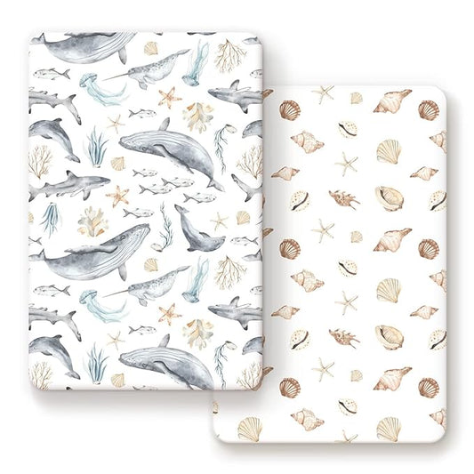 GRSSDER Stretchy Super Soft Jersey Knit Fitted Pack n Play Sheets Set 2 Pack,Portable/Mini Crib Sheets Snug and Safe,Beautiful Marine Organism for Boys and Girls