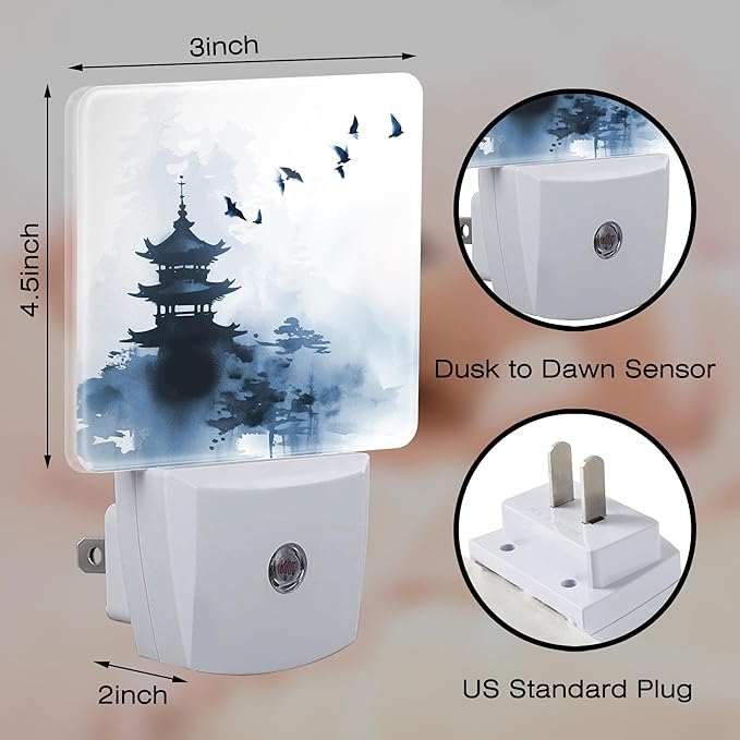 Pagoda and Soaring Birds Night Light Plug into Wall, Watercolor Ink Painting Landscapes Dusk to Dawn Night Light Plug in,0.5w Energy Saving Sleep Friendly NightLight for Kids Boys Girls Home Decor