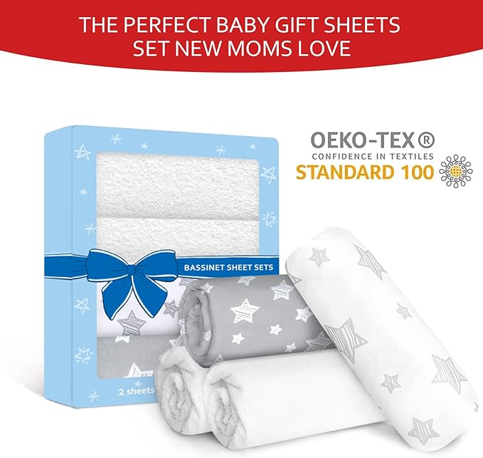 Bassinet Sheets & Waterproof Bassinet Mattress Pad Protector 4 Pack Set, Viscose Terry, Universal Fit for Oval, Hourglass and Rectangular Mattress, Grey & White