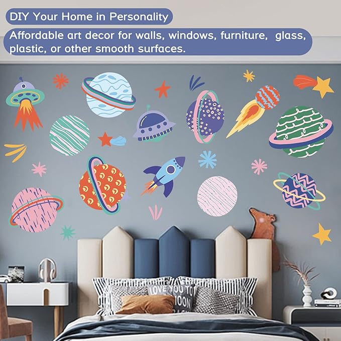 Large Space Wall Decal Stickers Rocket Spaceship Planets Wall Decals Planet Stars Wall Sticker Removable Vinyl Decals Solar System Galaxy Star Space Wall Decor for Nursery Kids Room Girls Boys Bedroom Wall Decor (Multicolor)