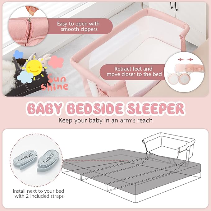 BABY JOY Bassinet Bedside Sleeper, 3 in 1 Folding Crib w/Adjustable Height, Mattress, Lockable Wheels, Storage Pocket & Carry Bag for Infant Newborn, Stationary & Rock, Portable Baby Bassinet (Pink)