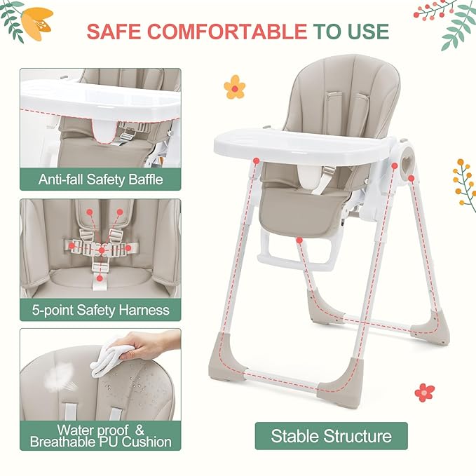 Foldable High Chairs for Babies and Toddlers, Adjustable Infant Baby Chair with Removable Tray and Non-Slip Foot Pads, Highchair for Children Aged 6 to 36 Months, Grey