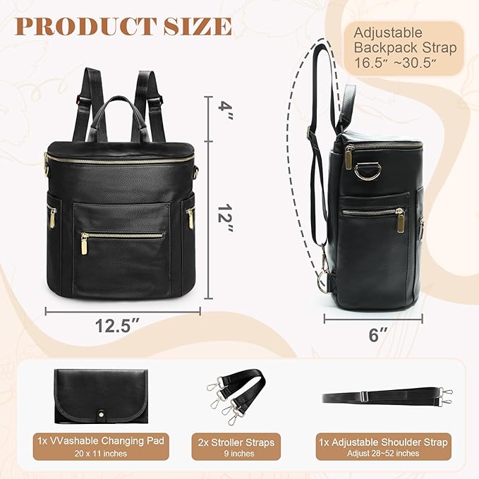 miss fong Diaper Bag Backpack Baby Diaper Bag, Large Leather Diaper Backpack with 16 Pockets Travel Diaper Bag with Diaper Changing Pad, Stroller Straps & 2 Insulated Pockets(Convertible, Black)