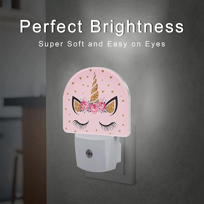 Glitter Unicorn with Flowers Night Light for Kids,Beautiful Unicorn Eyelash Night Light Plug in with Dusk to Dawn Sensor,0.5w Energy Saving Nightlight for Hallway Stairway Kitchen Bedroom