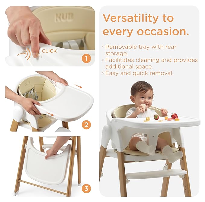 KUB High Chair for Babies and Toddlers Adjustable Foldable Convertible 5 Point Harness Easy Clean Wood-Printed Metal with Removable Tray Baby Highchair for Family (White&Natural Wood-Printed Metal)