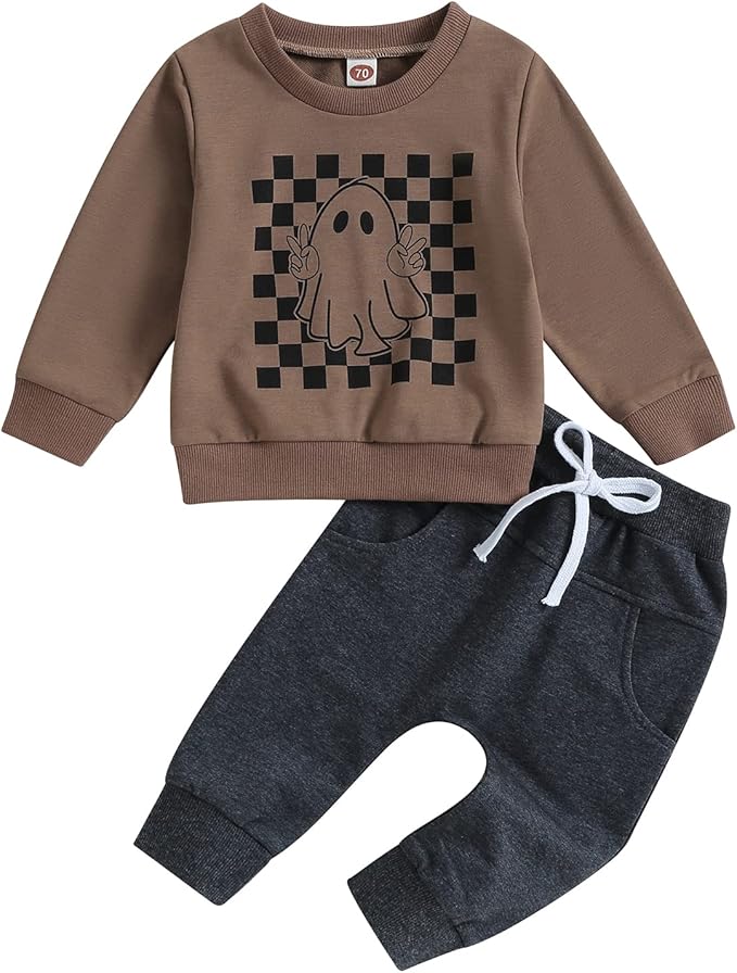 0-4T Toddler Boy Girl Halloween Outfit Fall Clothes Ghost Long Sleeve Sweatshirt Top Pants Baby Halloween Clothes