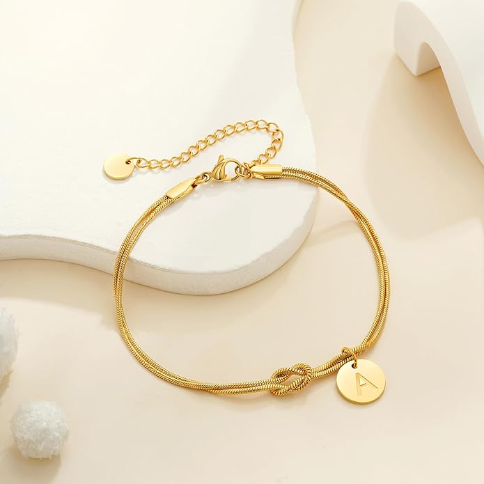 Gold Initial Bracelets for Women Girls - 18K Gold Plated A-Z Initial Bracelet Dainty Knot Bracelet Gold Bracelets for Women Teen Girl Gifts Trendy Stuff