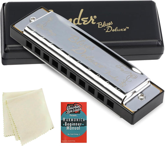 Fender Blues Deluxe Harmonica - Key of A Bundle with Carrying Case, Austin Bazaar Online Manual, and Polishing Cloth