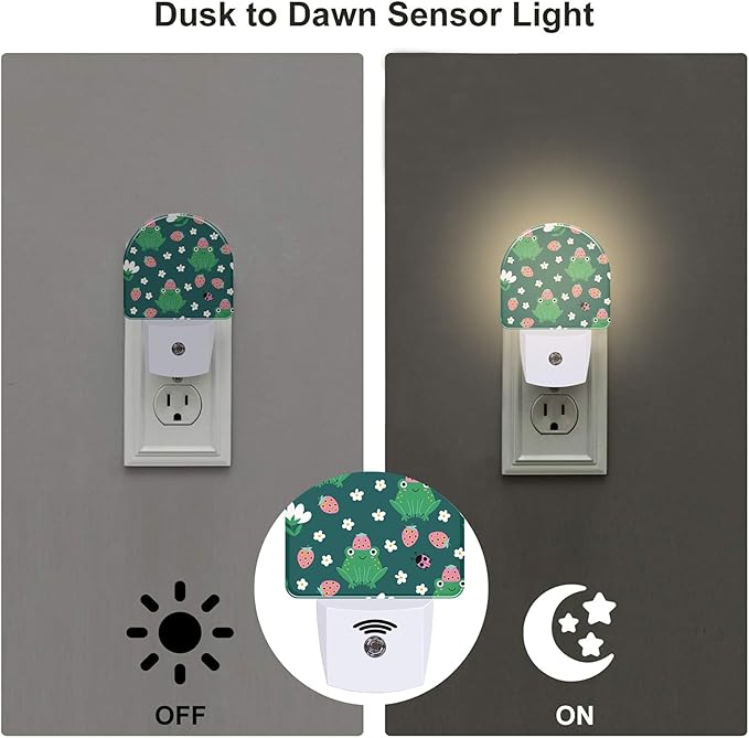 Strawberry Frogs with Daisies Flowers Night Light Plug into Wall,Cute Childish Frog Dusk to Dawn Night Light Plug in,0.5w Energy Saving NightLight for Kids Boys Girls Home Decor