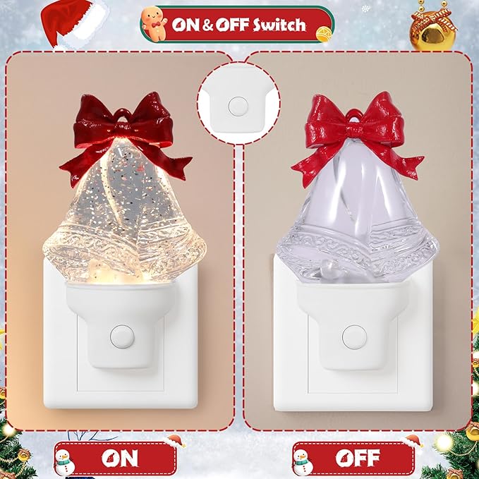 2 Pack Christmas Bell Night Light Plug into Wall Glitter Water Nightlight with USB/Outlet Options, Christmas Decorative Nightlight for Bedroom Kitchen Nursery Holiday Decorations Gifts (Bell)