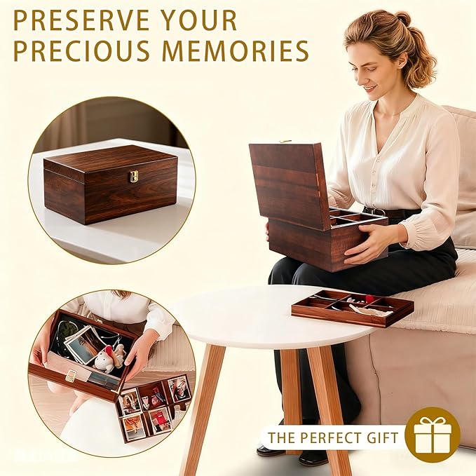 Large Wooden Storage Box with Adjustable Tray, 12.5 IN Acacia Wood Keepsake Box with Lid for Storage Trinkets, Jewelry, Card, Photo, Wooden Decortive Case for Home 12.5x9.4x6.1 IN -WB006-X Large