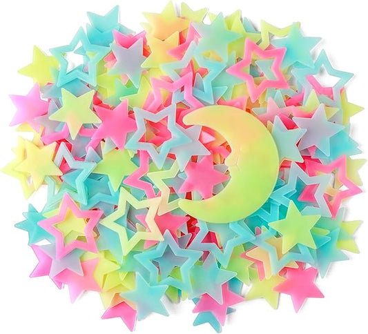 140 pcs Colorful Glow in The Dark Moon and Stars Wall Stickers Yellow Pink Blue Glowing Star Decor DIY 3D Hollow Luminous Stars Wall Decals for Kids Boys Baby Bedroom Ceiling Wall Decoration