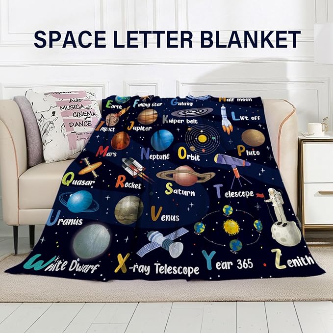 Space Alphabet Blanket, Space Themed Bedroom Decor, 50" X 60" Galaxy Blanket, Gifts for Kids, Planet Astronaut Gift for Boys Kids Birthday Christmas