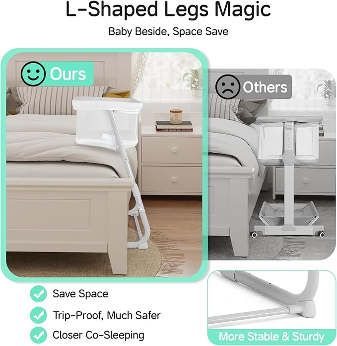 Cowiewie Bassinet Bedside Sleeper,Baby Bassinets Higher Place on Bed,5-Position Adjustment Baby Crib,Breathable 360° Mesh Sides Bedside Bassinet,Space-Saving Bedside Cribs, Height(37.4-41.3") (White)