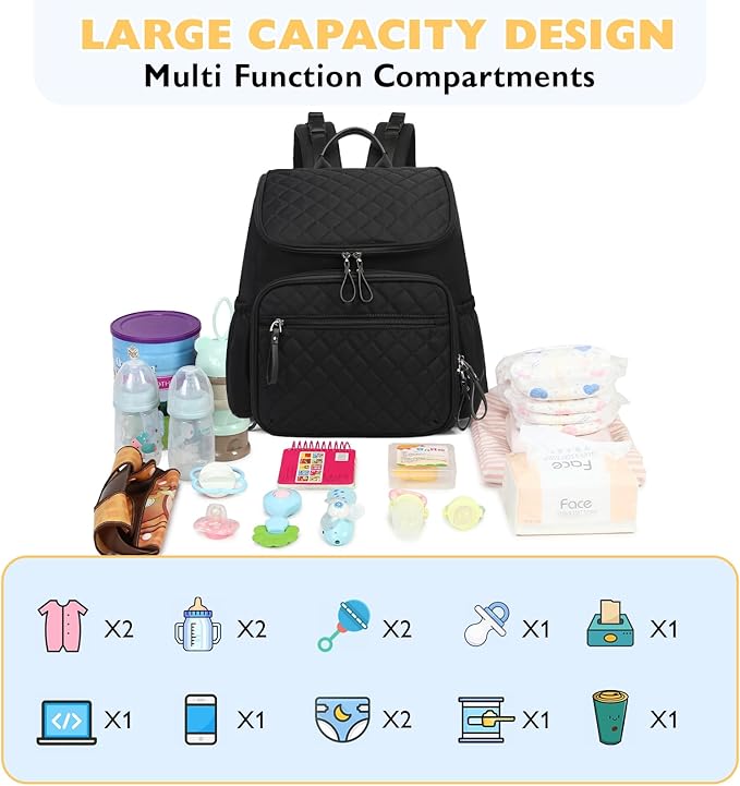 Large Capacity Diaper Bag Backpack with Stroller Buckle, Water-Resistant Travel Baby Bag with Insulated Pockets (Classic, Black)