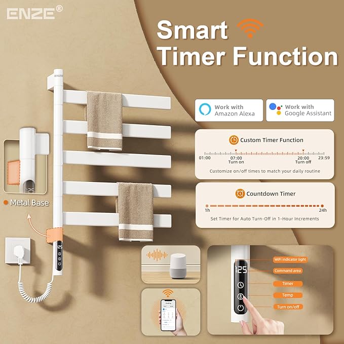 ENZE Smart Rotating Heated Towel Rack for Bathroom, Wall-Mounted Electric Towel Dryer with Swivel Bars, Smart Timer, Low Carbon Steel, IPX5, Plug-in/Hardwired, Towel Warmer with Wi-Fi App Control