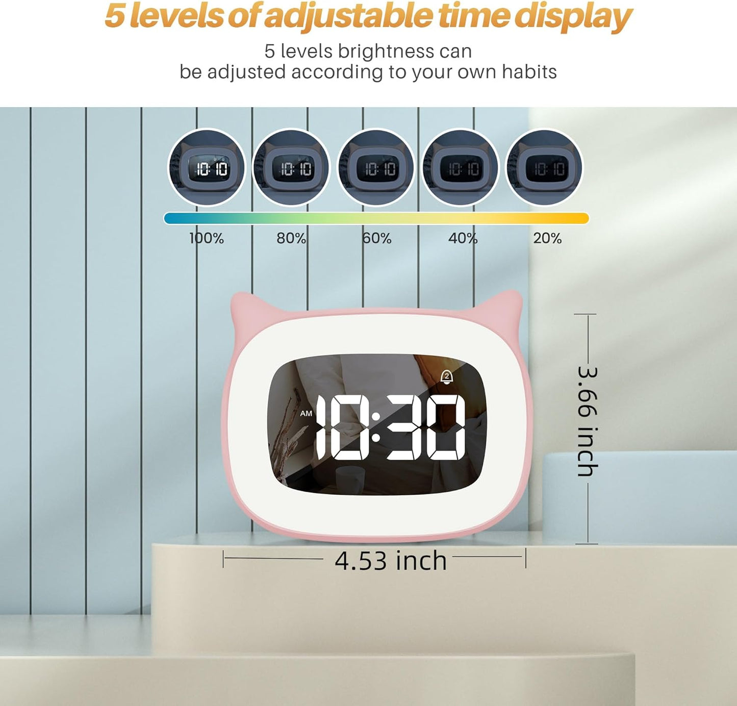 Kids Alarm Clock with Night Light & 18 Ringtones,Rechargeable,Cute Cat Ear Clock for Boys Girls Birthday Presents,Digital Clock for Children's Bedroom(Pink)