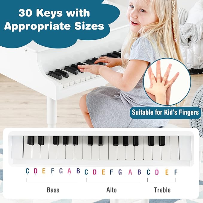 HONEY JOY Classical Kids Piano, 30-Key Mini Grand Piano with Music Stand and Bench, Wooden Musical Instrument Toy w/Lid & Music Rack, Gift for Boys Girls Ages 3+ (4 Straight Leg-White)