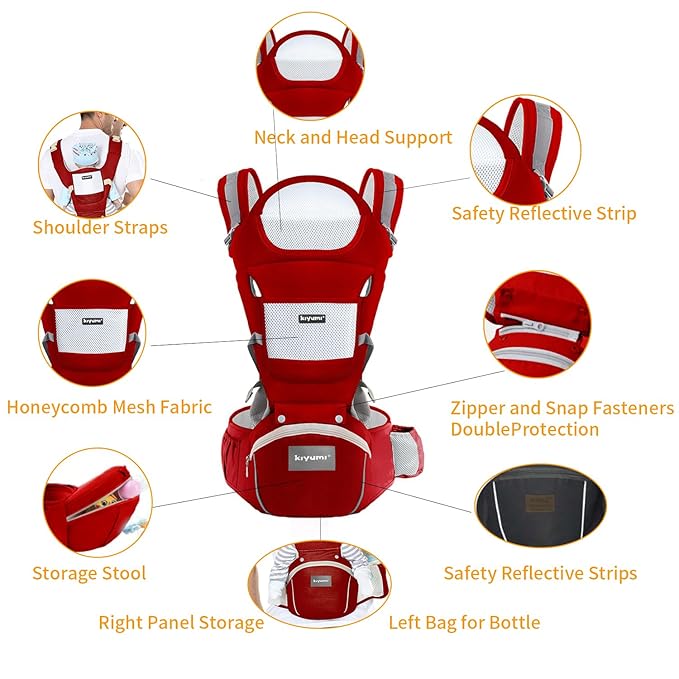 KIYUMI Baby Carrier with Hip Seat, Ergonomic M Position, Newborn to Toddler, Head Support and Breathable Mesh,Adjustable Removable 6- in-1 Baby Baby Sling Carrier (7-45 lbs) for Mom Dad, Red