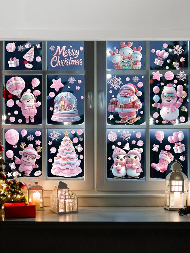 9 Sheet Christmas Pink Window Decorations - Merry Christmas Window Clings for Glass Windows, Santa Claus Snowflake Christma Windows Stickers Decals for Indoor Home Xmas Holiday Winter Party Decor