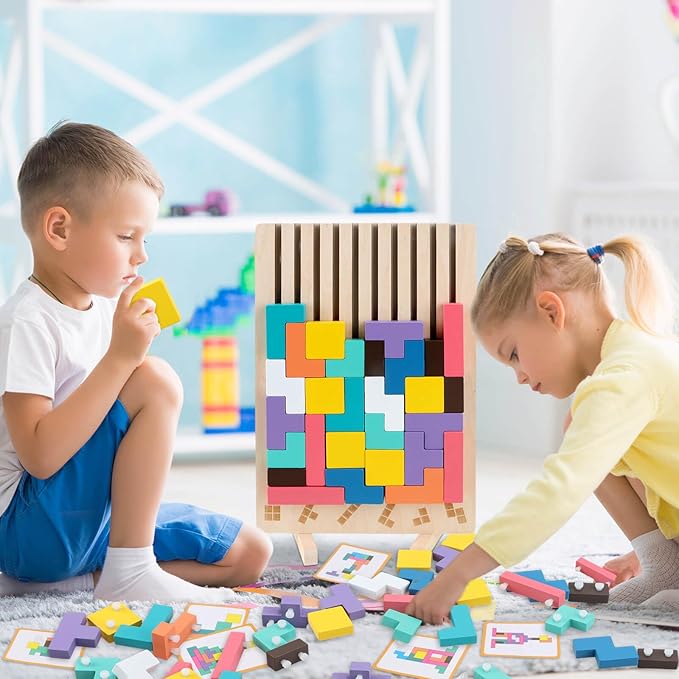 JONEG Games for 3+ Year Olds Kids- Wooden Stacking Puzzles Tetris - Brain Teasers 3D Russian Blocks Board - STEM Montessori Toys for Ages 3 4 5 6 7 10 - Gift for Toddlers Classroom Travel