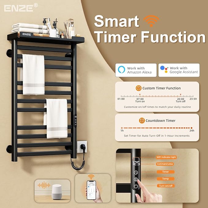ENZE Heated Towel Rack with Shelf and Wi-Fi App Control, 11 Bars Electric Wall Mounted Towel Warmer with Timer & Adjustable Temperature, Low Carbon Steel, Plug-in/Hardwired, Matte Black