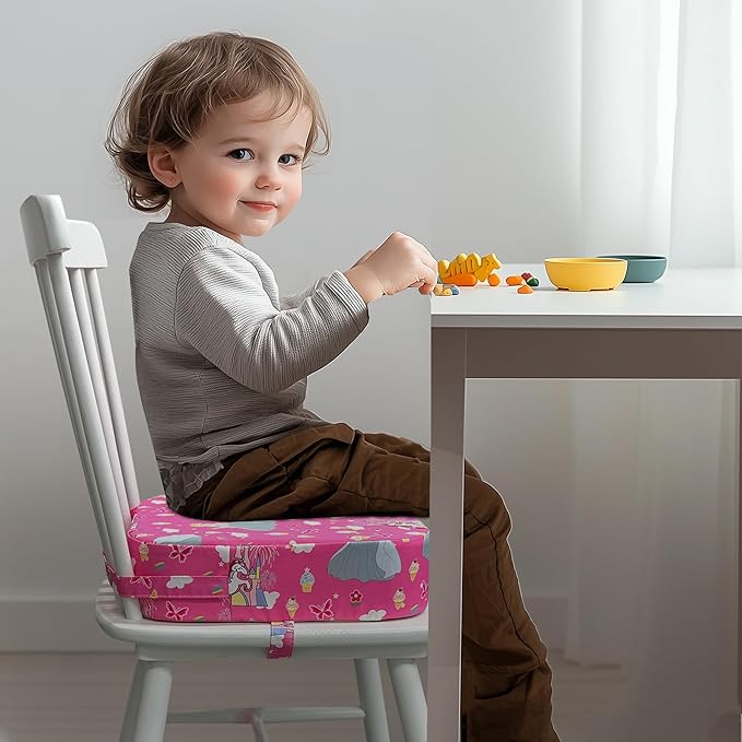 Toddler Booster Seat for Kitchen Chair, 3.5" Oxford Foam Cushion, Non-Slip Base, Adjustable Straps, Portable Dining Booster for Self-Feeding Toddlers at Home or on The Go (Pink Castle)