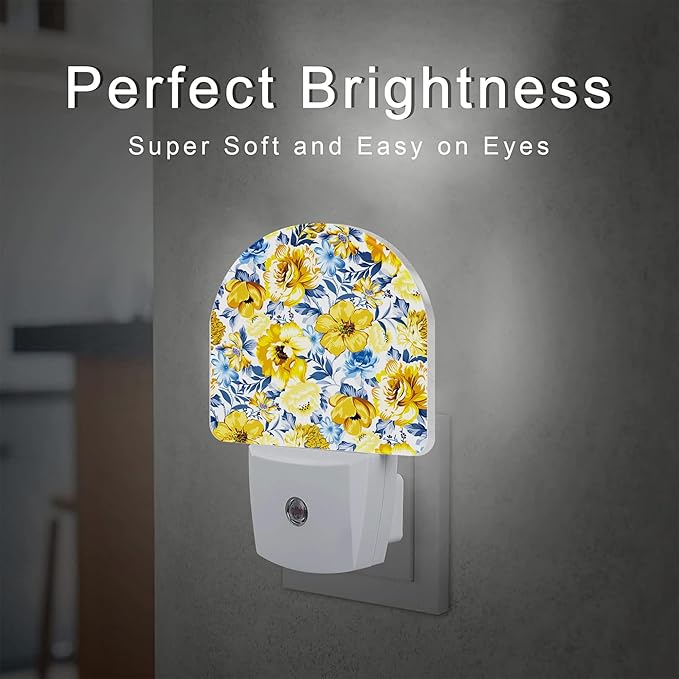 Retro Yellow Blue Flowers Night Light, Watercolor Floral Dusk to Dawn Night Light Plug in,0.5w Energy Saving Sleep Friendly NightLight for Kids Boys Girls Home Decor
