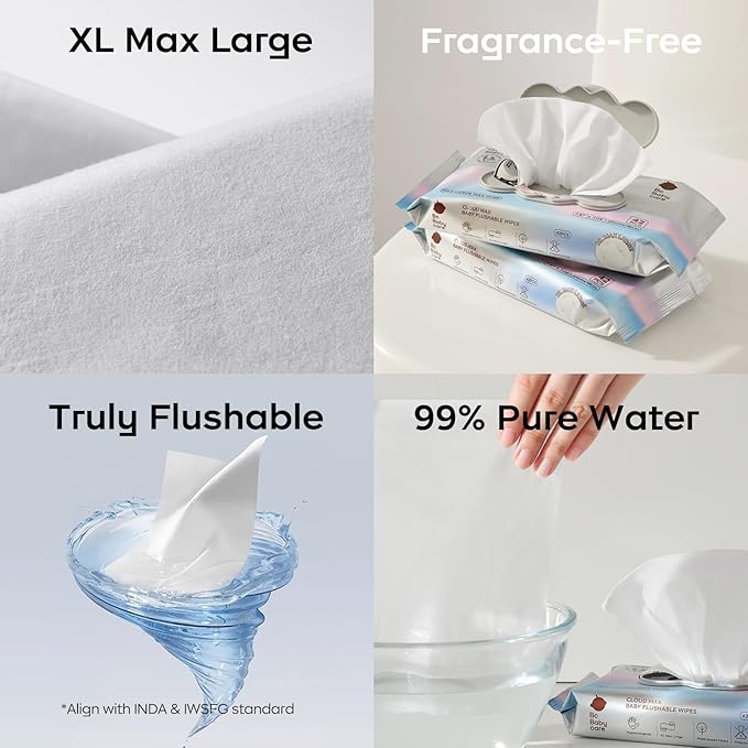 Bc Babycare Flushable Wipes, Hypoallergenic for Sensitive Skin, 99% Water, Plant-Based Fibers, Sewer + Septic Safe, Fragrance Free Toddler Potty Training, 42 Wipes, 3 Packs