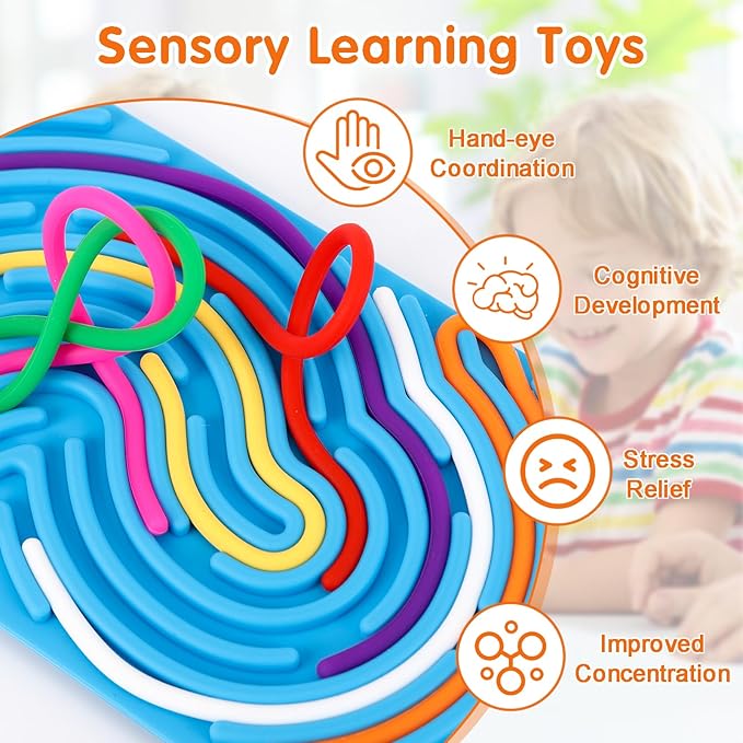 2pcs Sensory Activity Board, Double-Sided Silicone Fidget Toys for Kids 3+ & Adults, Sensory Toys for Anxiety, ADHD, Autism, Calming, Includes Travel Bag & 20 Strings, Red & Blue