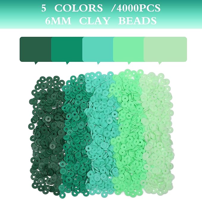 4000pcs Green Clay Beads for Bracelets Making 6mm Heishi Beads Polymer Flat Round Disc Clay for Jewelry Making Green Bead Crafts