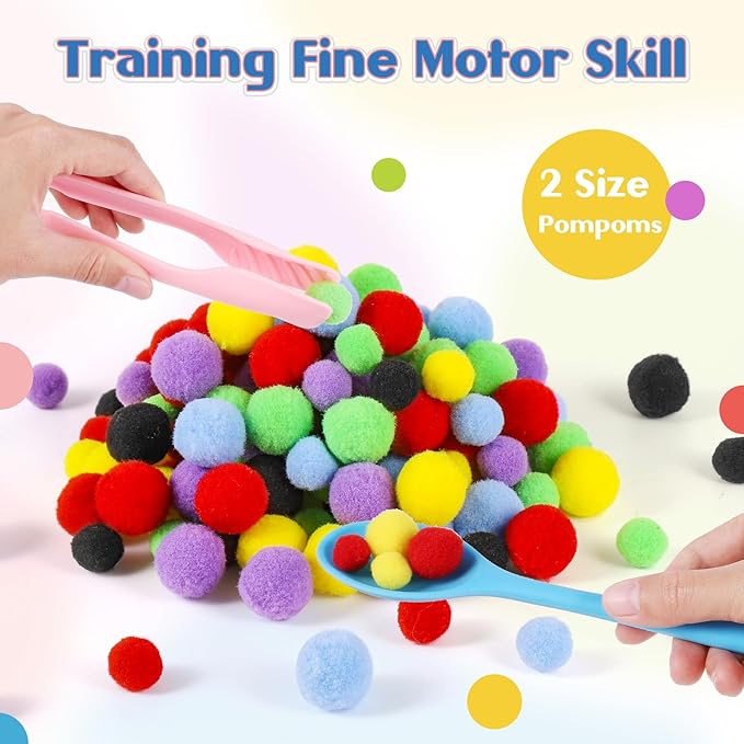 158 PCS Fine Motor Skills Set - 150 Pom Poms, 6 Sorting Bowls, Tweezers, Spoon, Sensory Bin Filler for Preschool Kids Counting, Sorting, Matching Training Activity