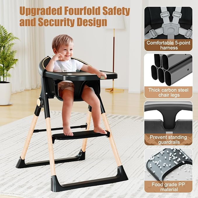 Baby High Chair, High Chairs for Babies and Toddlers, Convertible Folding High Chair with Removable Tray 5 Point Harness Footrest Detachable PU Cushion, Portable Highchair for Baby Toddlers