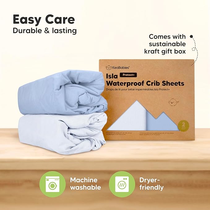 2-Pack Waterproof Baby Crib Sheets for Boys, Girls - 52x28 Viscose Derived from Bamboo Toddler Bed Sheet Neutral, Fitted Crib Mattress Protector Cover for Baby Bedding, Soft & Gentle (Blue Flax)