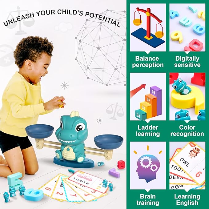 Dinosaur Math Balance Toys - Montessori Toys for 3 Years Old Kids, Learning and Educational Toys for Boys and Girls - Birthday Gifts for 4 5 6 7 Year Old Boys