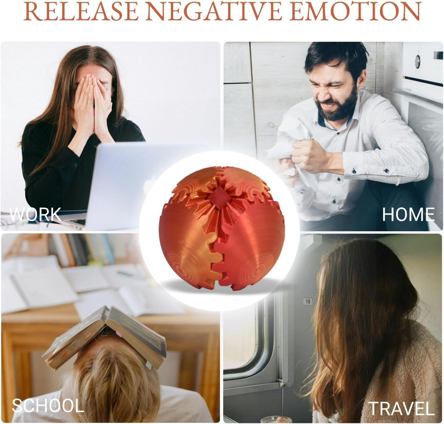 3D Printed Gear Ball, Gear Sphere Fidget Toy Stress Relif Toy for ADHD, Anxiety Relaxing Toy for Adults at Work/Study/Travel, Red-Gold