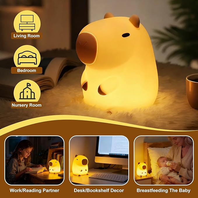 Cute Capybara Night Light for Kids, Squishy Capybara Lamp Gifts, Nursery Bedroom Decor, 2 Levels Dimmable Nursery Nightlight for Kids，Rechargeable LED Bedside Lamp with 20 Min Timer & Tap Control